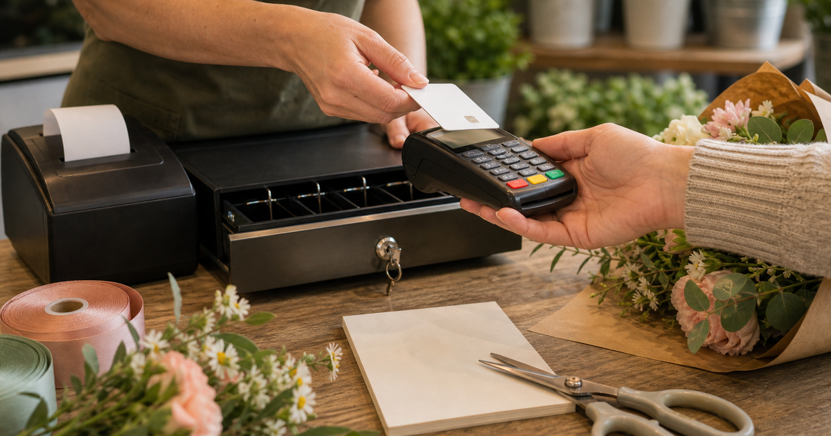 Florist counter checkout with card reader, till drawer, receipt printer and wrapped flowers