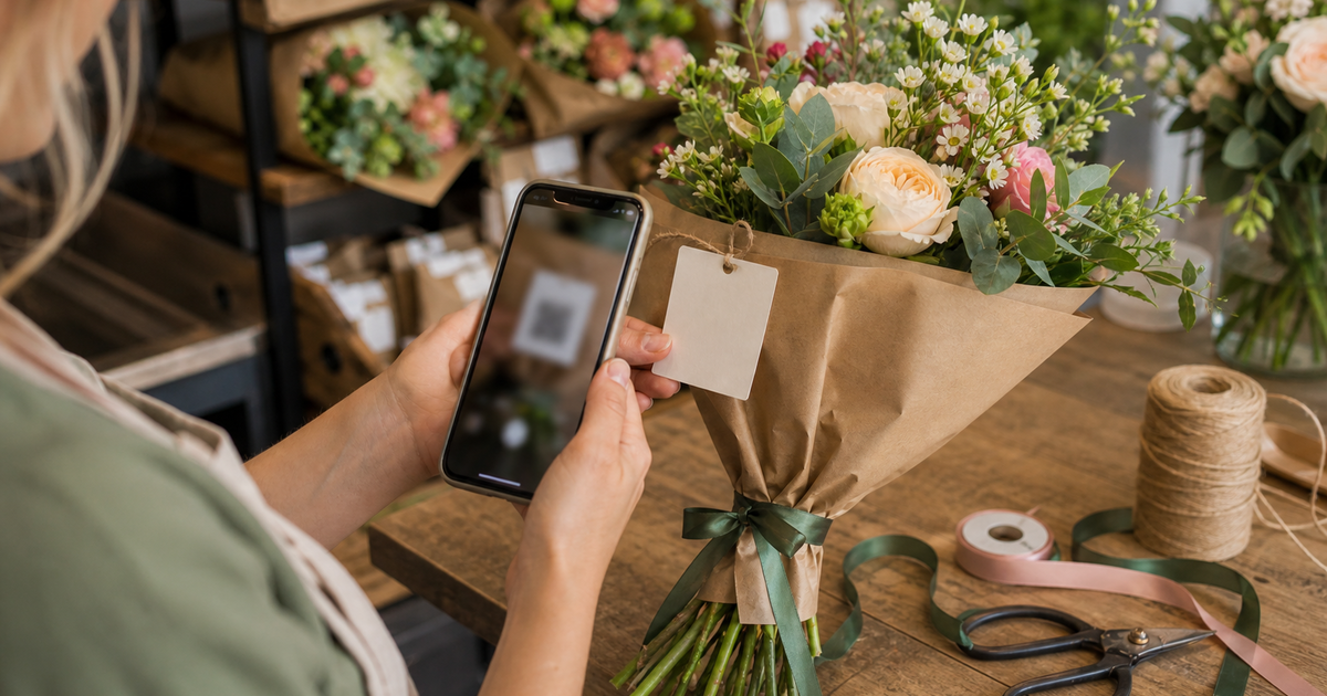 Florist using a phone to scan a blank tag on a wrapped bouquet at the packing bench
