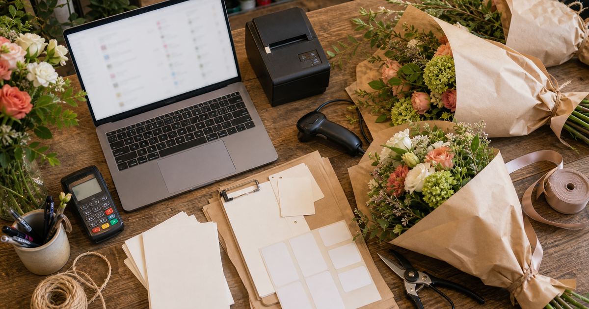 Florist packing bench with a laptop, card reader, blank slips and bouquets being prepared