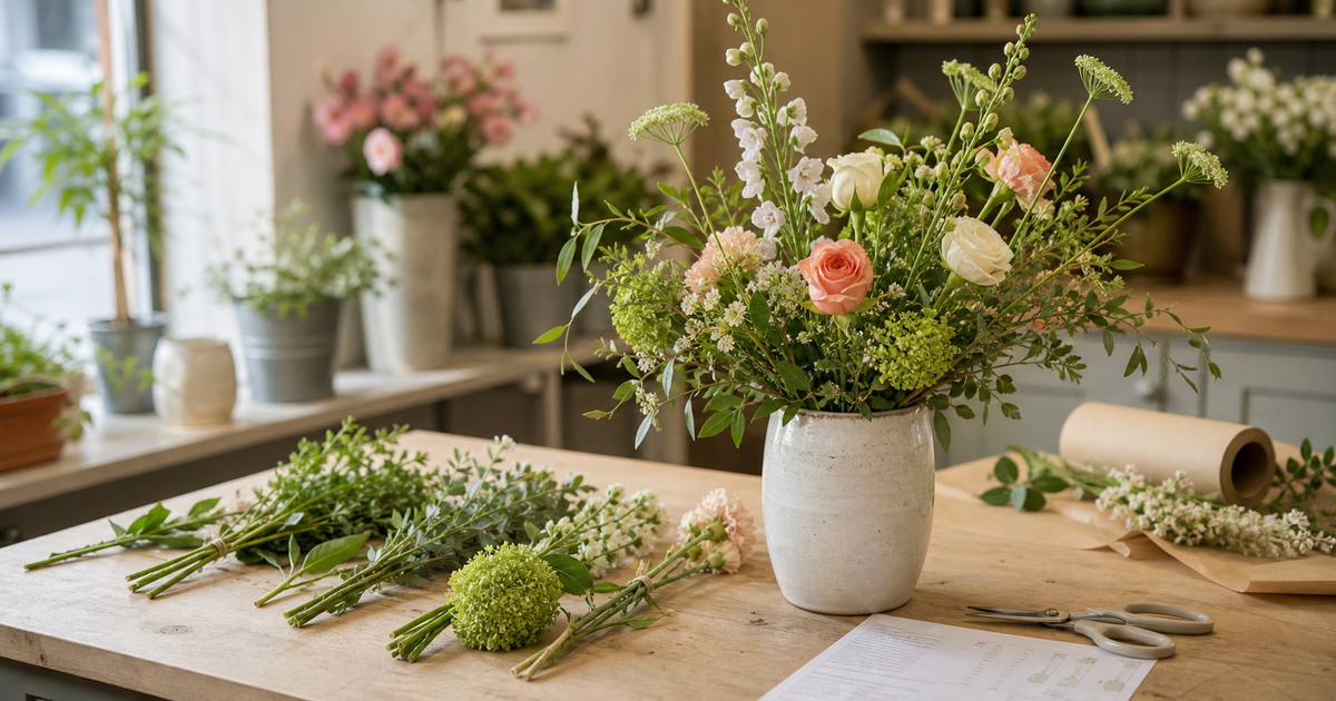 Vase arrangement on a florist workroom table with loose stems and a worksheet