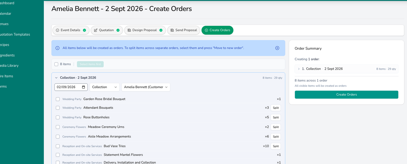 The create orders screen for a wedding, listing eight priced items grouped under a date and fulfilment method