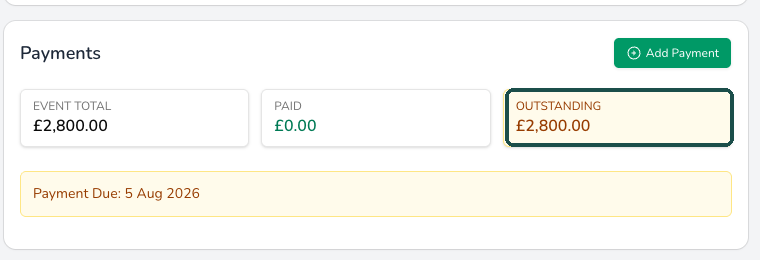 An event payments panel showing the event total, the amount paid, the outstanding balance and the payment due date