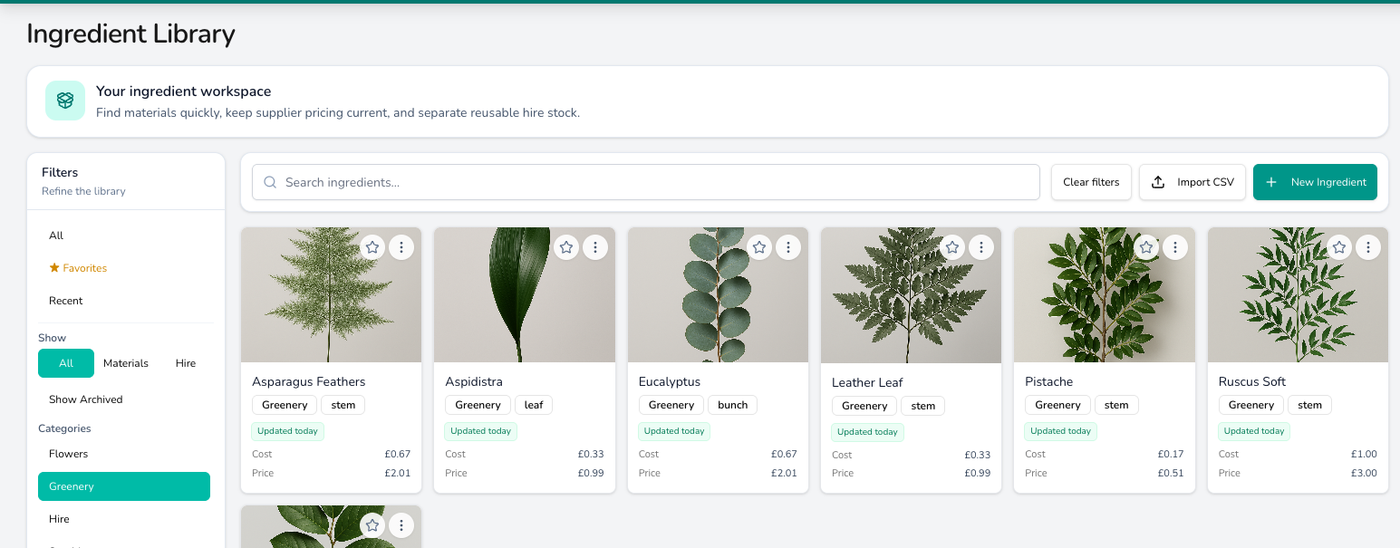 The Digital Florists ingredient library showing greenery cards, each with a cost price and a selling price per stem