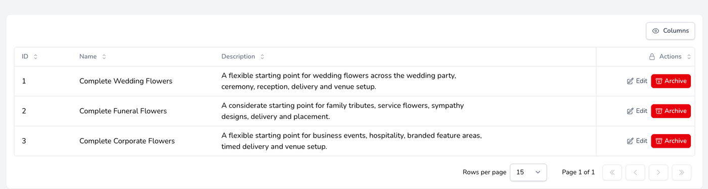 A list of saved quotation templates for complete wedding, funeral and corporate flowers
