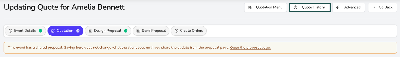 The top of a quotation screen with the Quote History button highlighted, beside a notice that saving does not change what the client sees until the update is shared