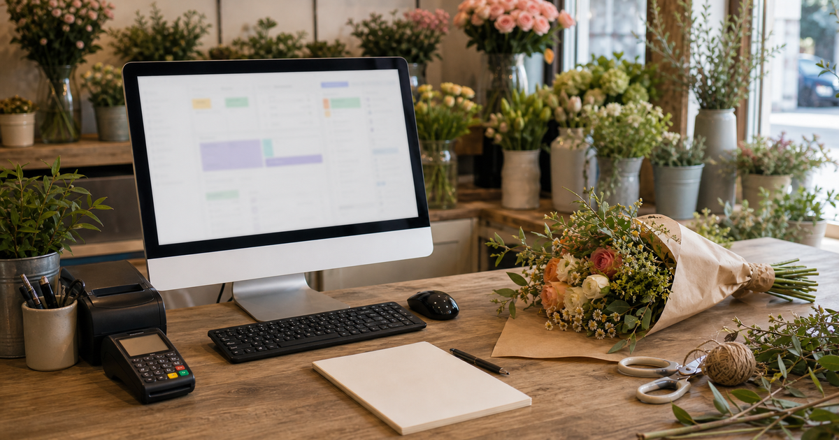 Florist shop counter with a desktop computer, till, blank notebook and fresh flowers