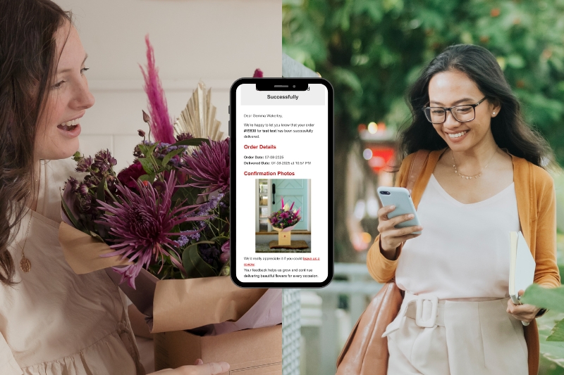 Digital Florists notification system showing automated SMS and email customer updates