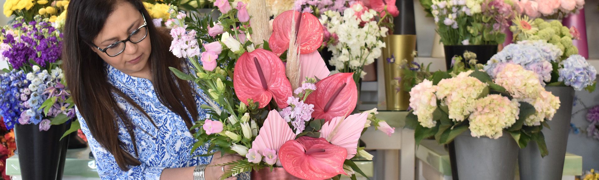 Arranging an anthurium bouquet in the shop at Pure Flowers of Distinction, Boyle, Co. Roscommon