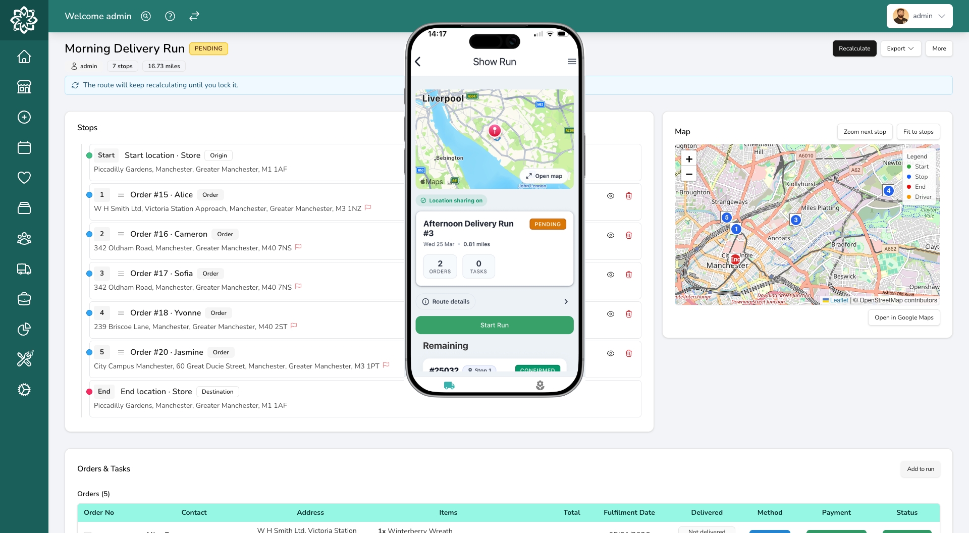 Flower delivery management software showing route planning and driver tracking