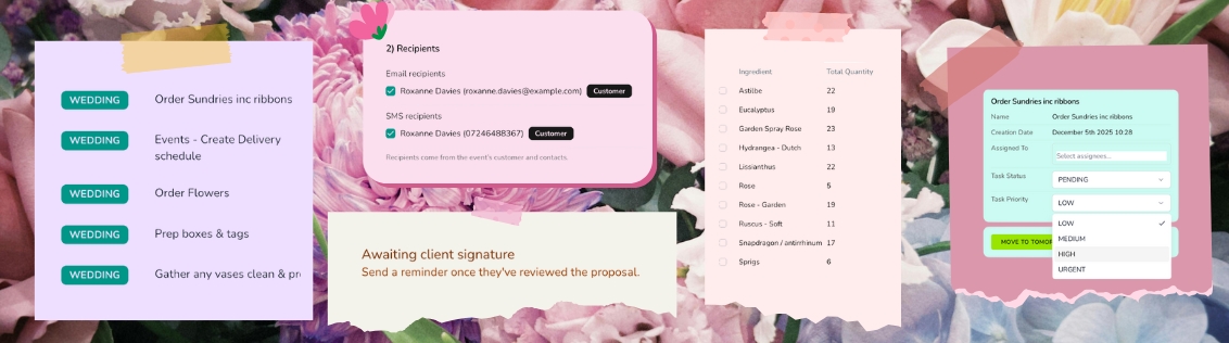 Automated production timeline with task assignments for wedding preparation