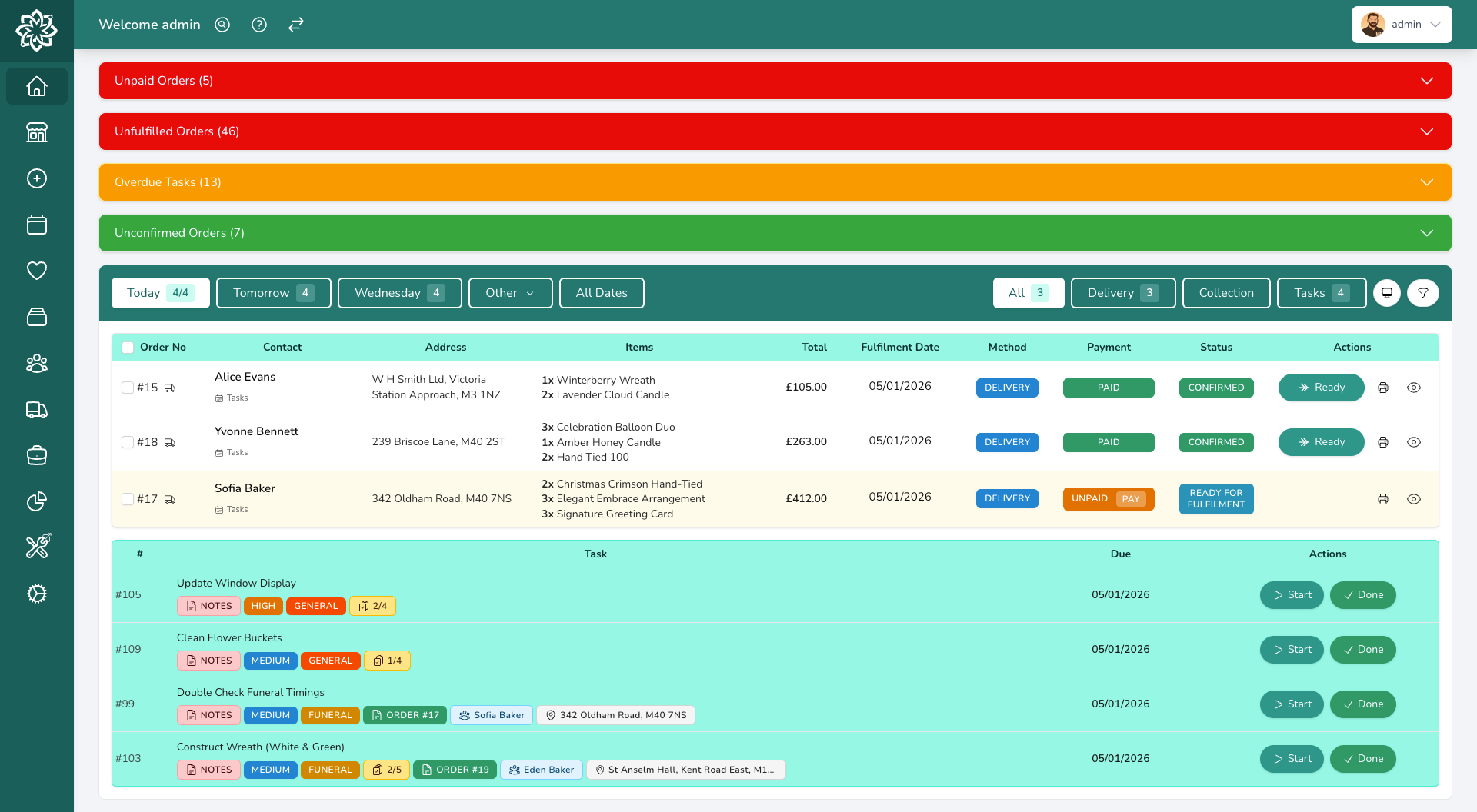 Florist order management dashboard showing daily orders, tasks, and customer details