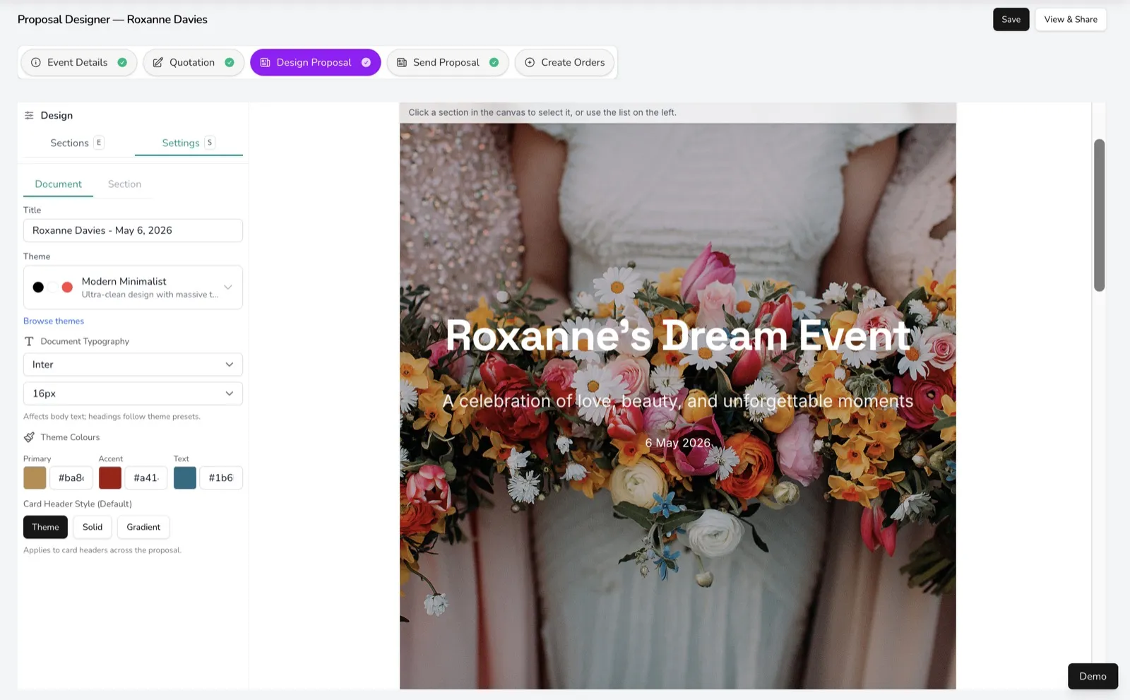 Wedding and event proposal designer with branded layout and pricing