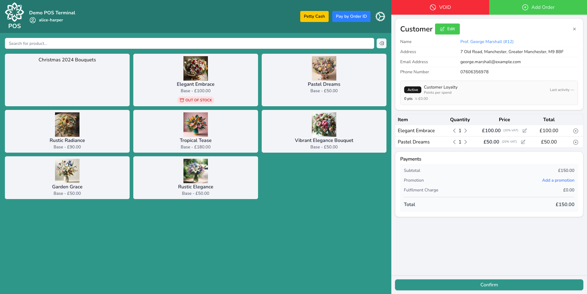 Florist point of sale interface with product categories, cart, and payment options