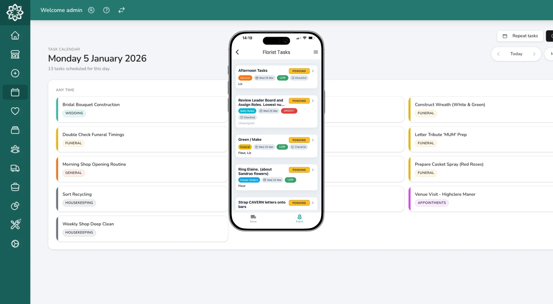 Digital Florists task management showing team assignments, checklists, and priority tracking for florist workflows