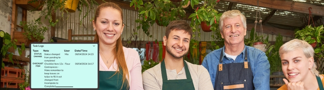 Task activity log tracking who completed each job in the flower shop