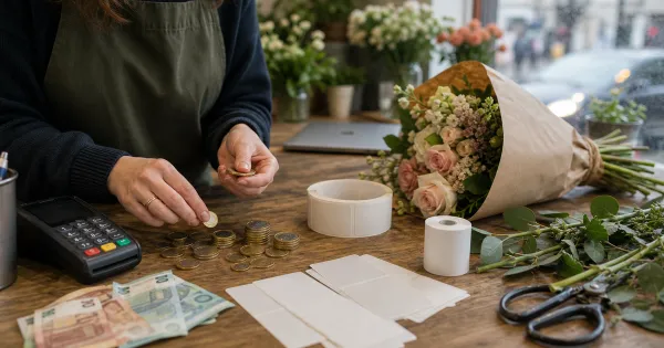 Irish florist counter with Euro cash, a card reader, blank labels and fresh stems