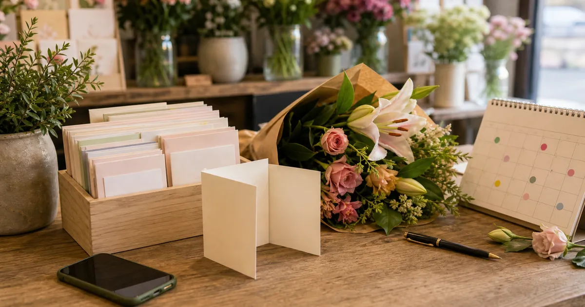 Occasion reminder cards, a blank greeting card and flowers on a florist counter