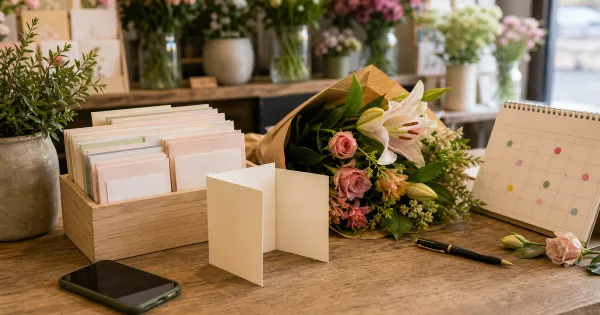 Occasion reminder cards, a blank greeting card and flowers on a florist counter