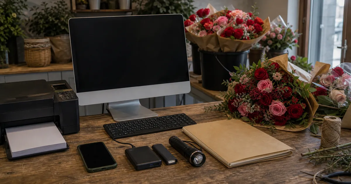 Florist back counter with a dark computer screen, printer, backup kit and peak flowers waiting