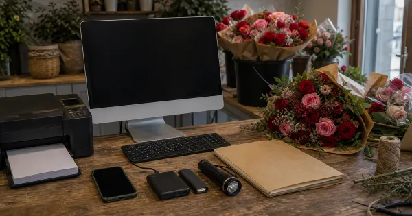 Florist back counter with a dark computer screen, printer, backup kit and peak flowers waiting