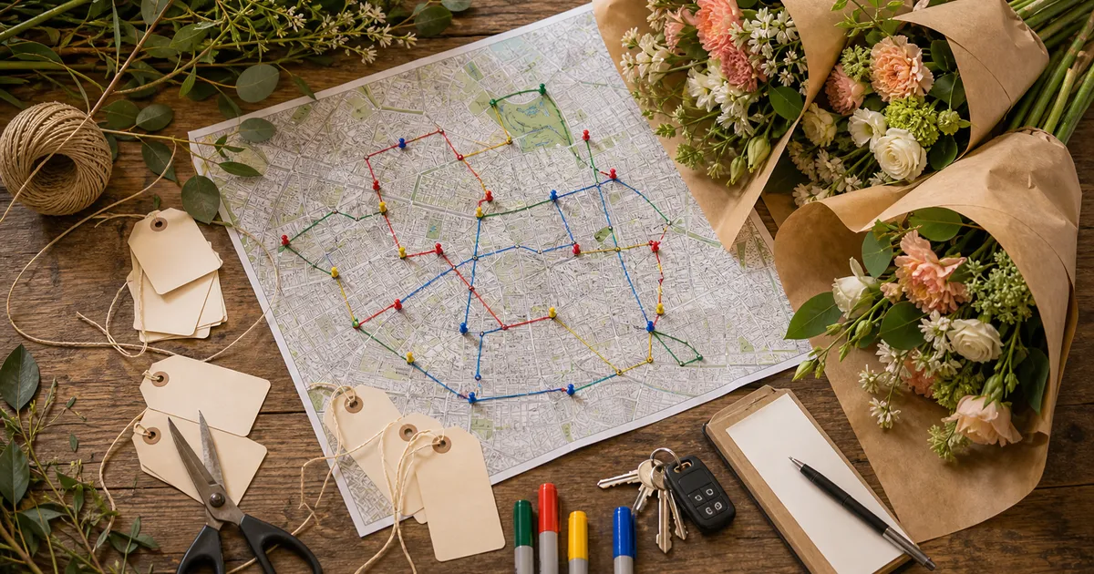 Paper map, delivery tags, van keys and bouquets being sorted for a florist delivery run