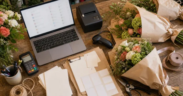 Florist packing bench with a laptop, card reader, blank slips and bouquets being prepared