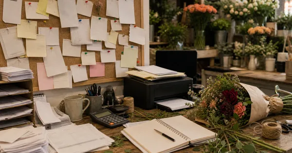 Florist back office desk with paper notes, a diary, calculator and stems in the workroom