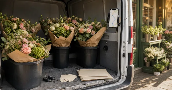 Florist delivery van loaded with wrapped bouquets and blank delivery tags
