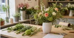 Vase arrangement on a florist workroom table with loose stems and a worksheet
