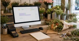 Florist shop counter with a desktop computer, till, blank notebook and fresh flowers