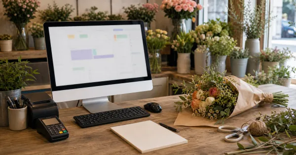 Florist shop counter with a desktop computer, till, blank notebook and fresh flowers